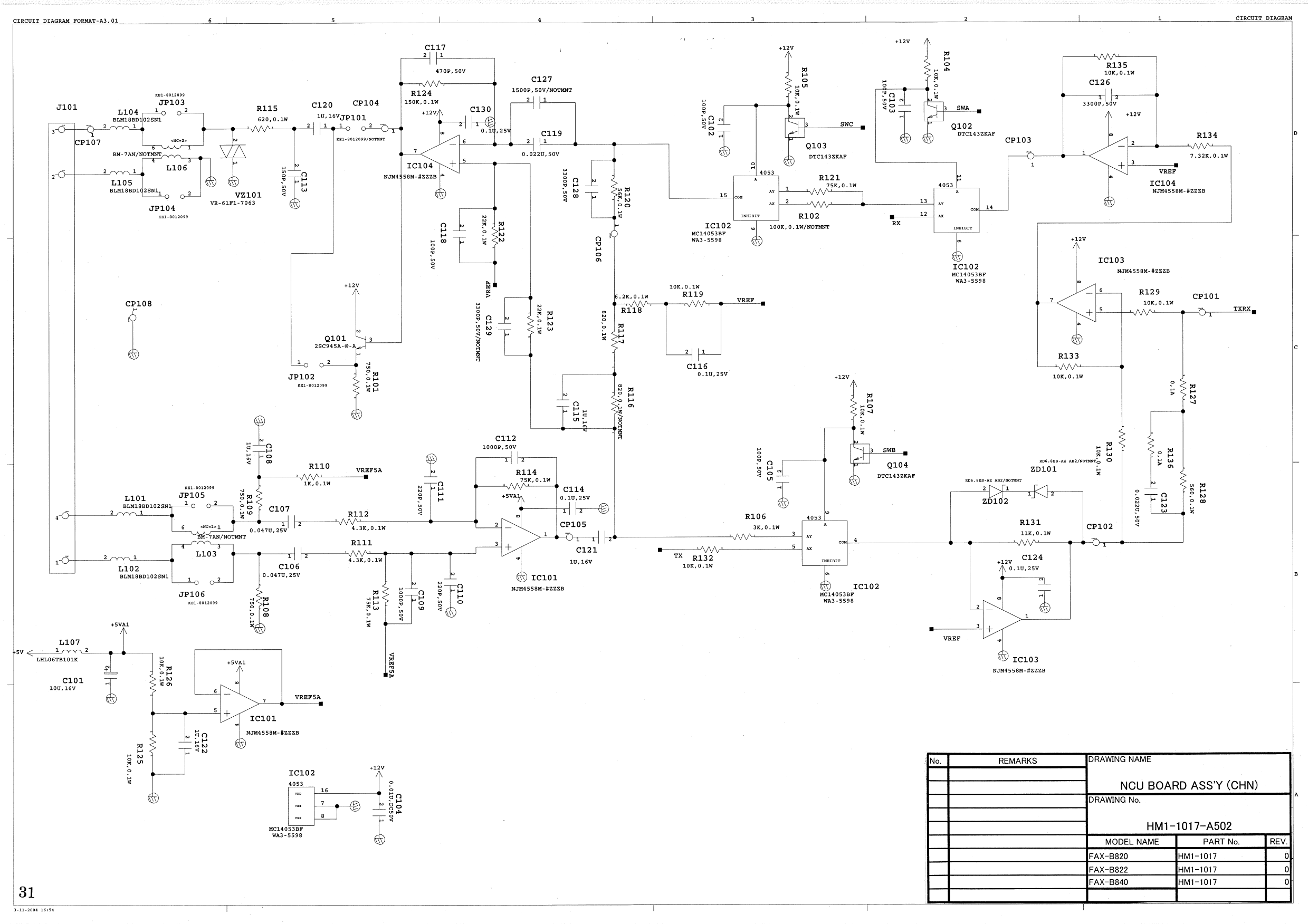 Canon FAX B820 B822 B840 NCU-BOARD Circuit Diagram-4